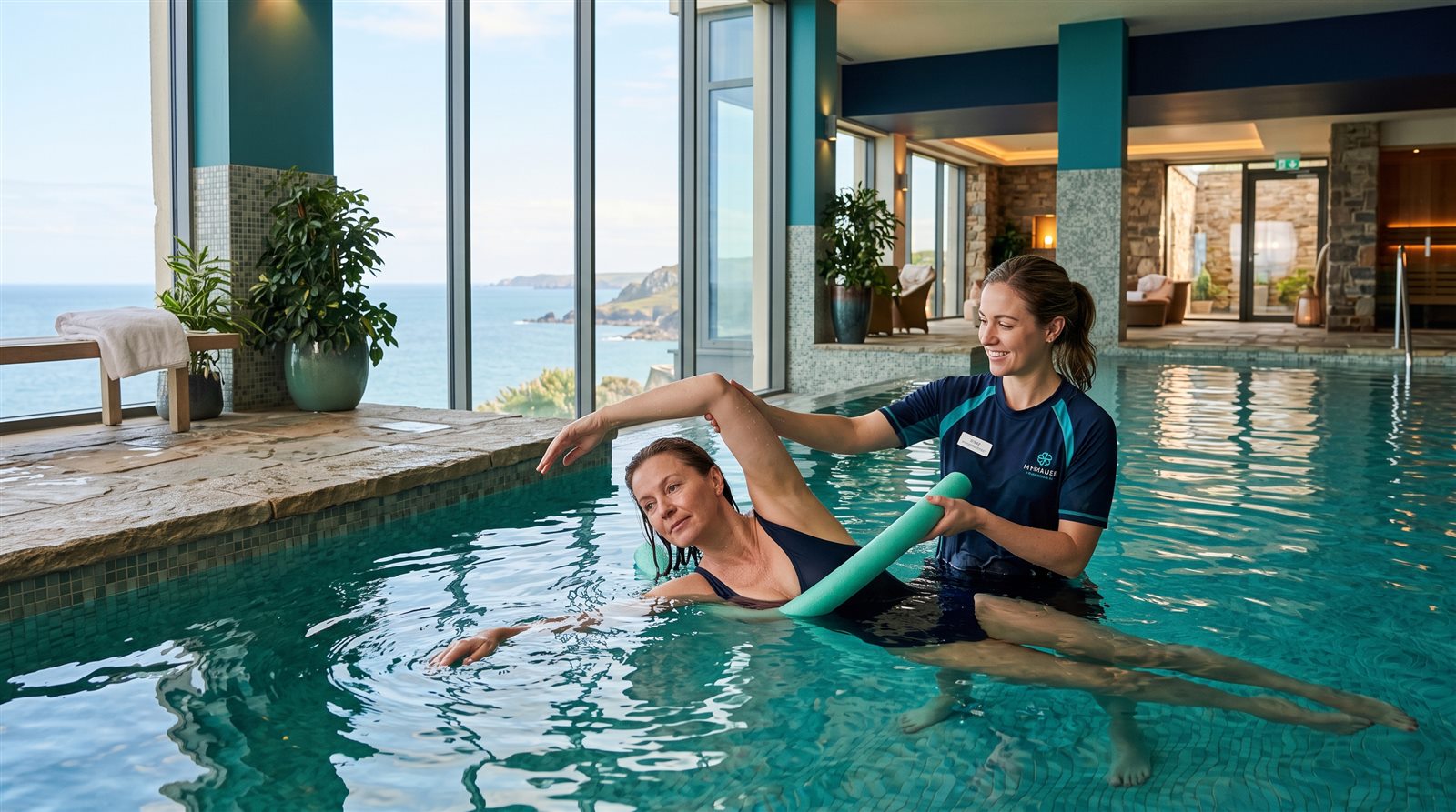 Termal havuzda eğitmen eşliğinde aqua terapi egzersizi