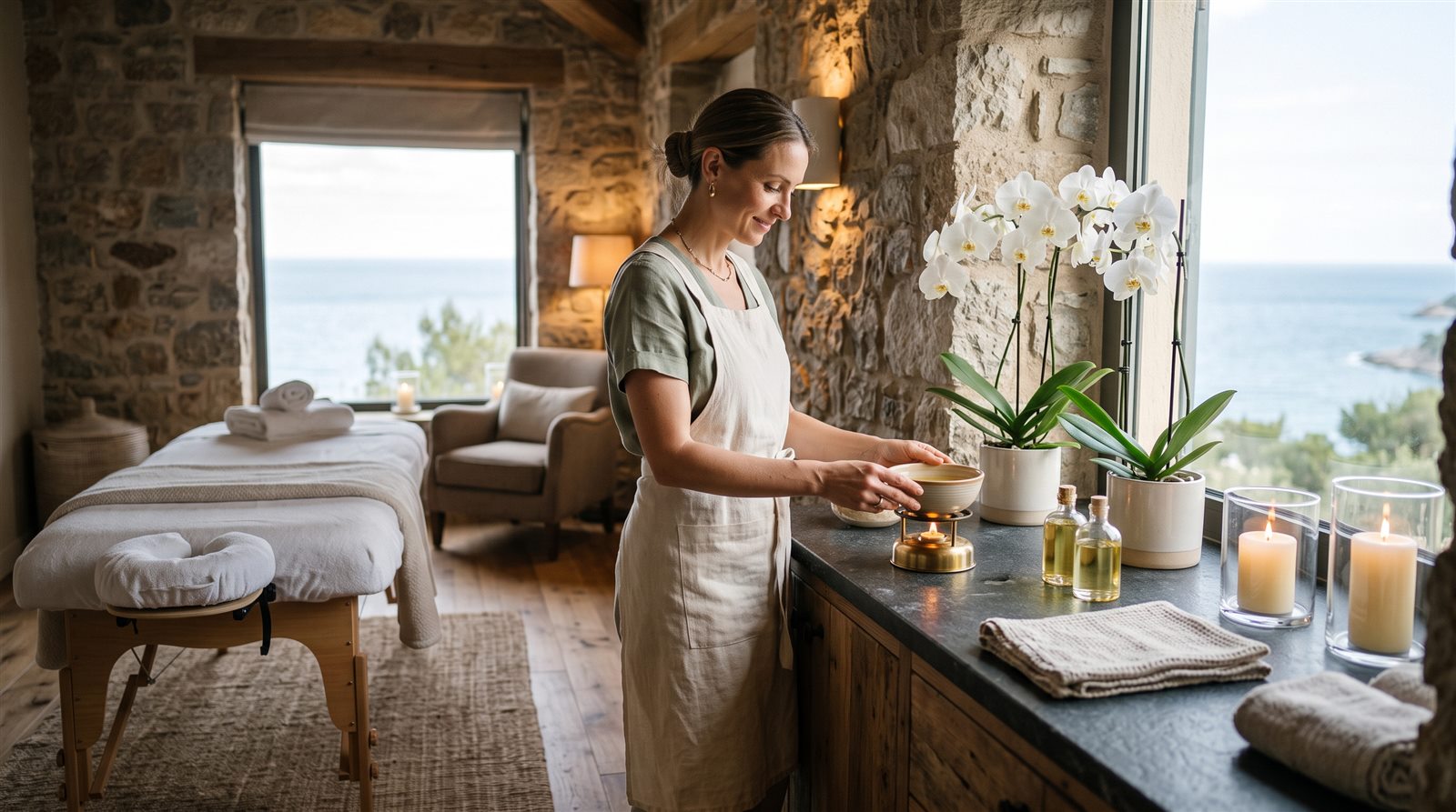Spa odasında uzman eşliğinde masaj uygulaması