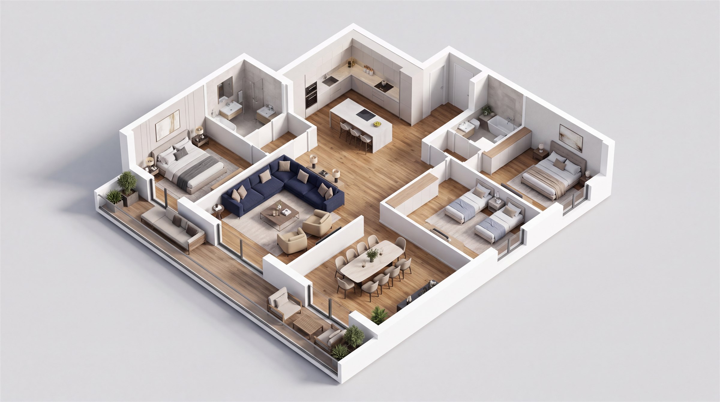 3+1 Delüks dairenin kuş bakışı 3D dollhouse görünümü — mobilyalı oda yerleşimi