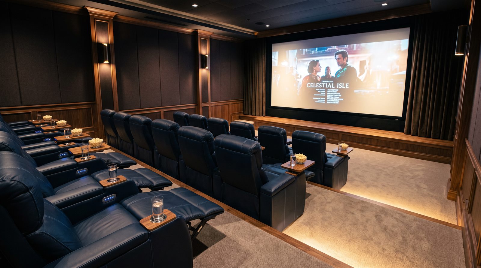Loş ışıklı özel sinema odası koltukları