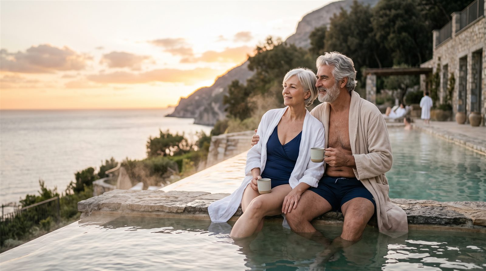 Well-aging programında deniz manzaralı sabah hareket seansı