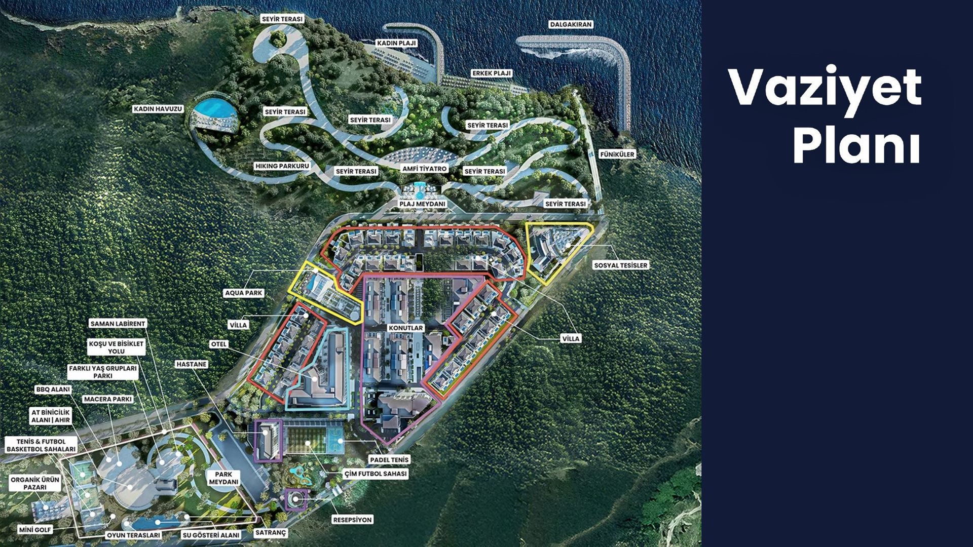 TOR Thermal etiketli vaziyet planı: yarımada üzerinde plajlar, seyir terasları, konut blokları, villalar, otel, aqua park ve spor alanları